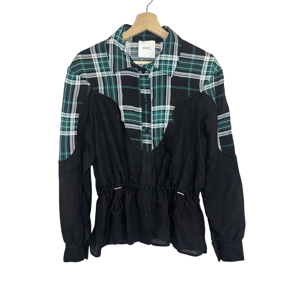 March 11 Women Pit to Pit 19.5" Long Sleeve Button Down Green Plaid Western Top